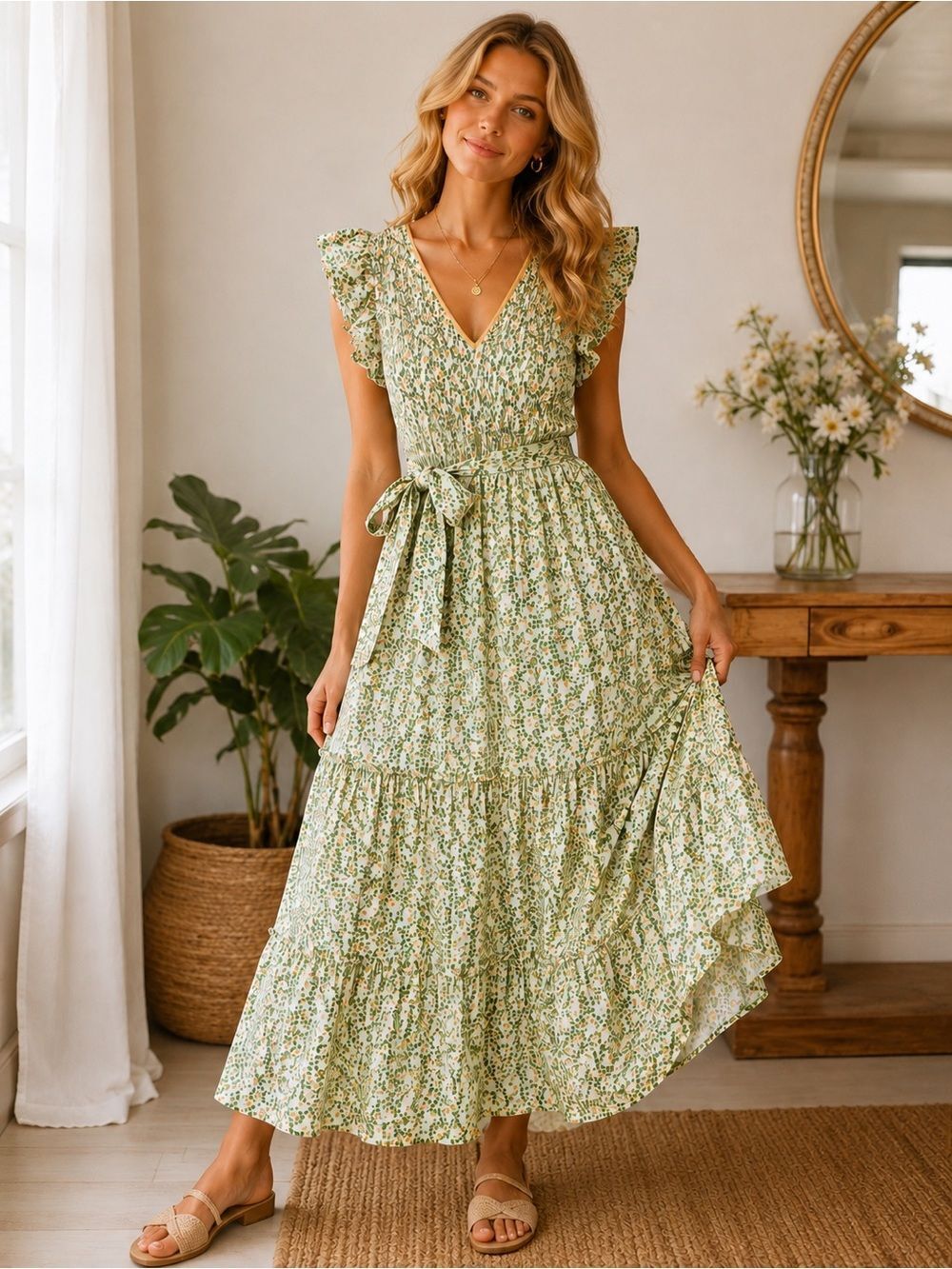 Dear Georgie Citrus Print Smocked Cotton Midi Dress Size S Charleston Boho 🍊NWOT